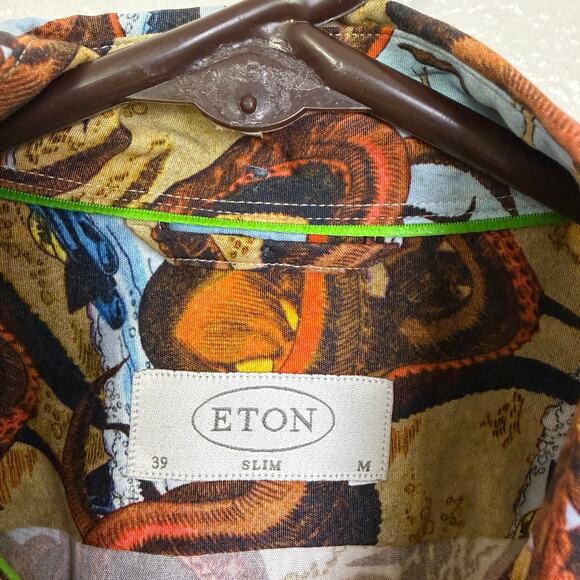 Eton Dress Shirt Mens 39 Medium Slim Fit Tan Long Sleeve Button Up Octopus - Picture 9 of 11